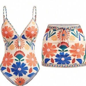 Floral Print Swimsuit and Skirt Set